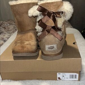 UGG Brown Sheepskin Boots with Ribbon Accents